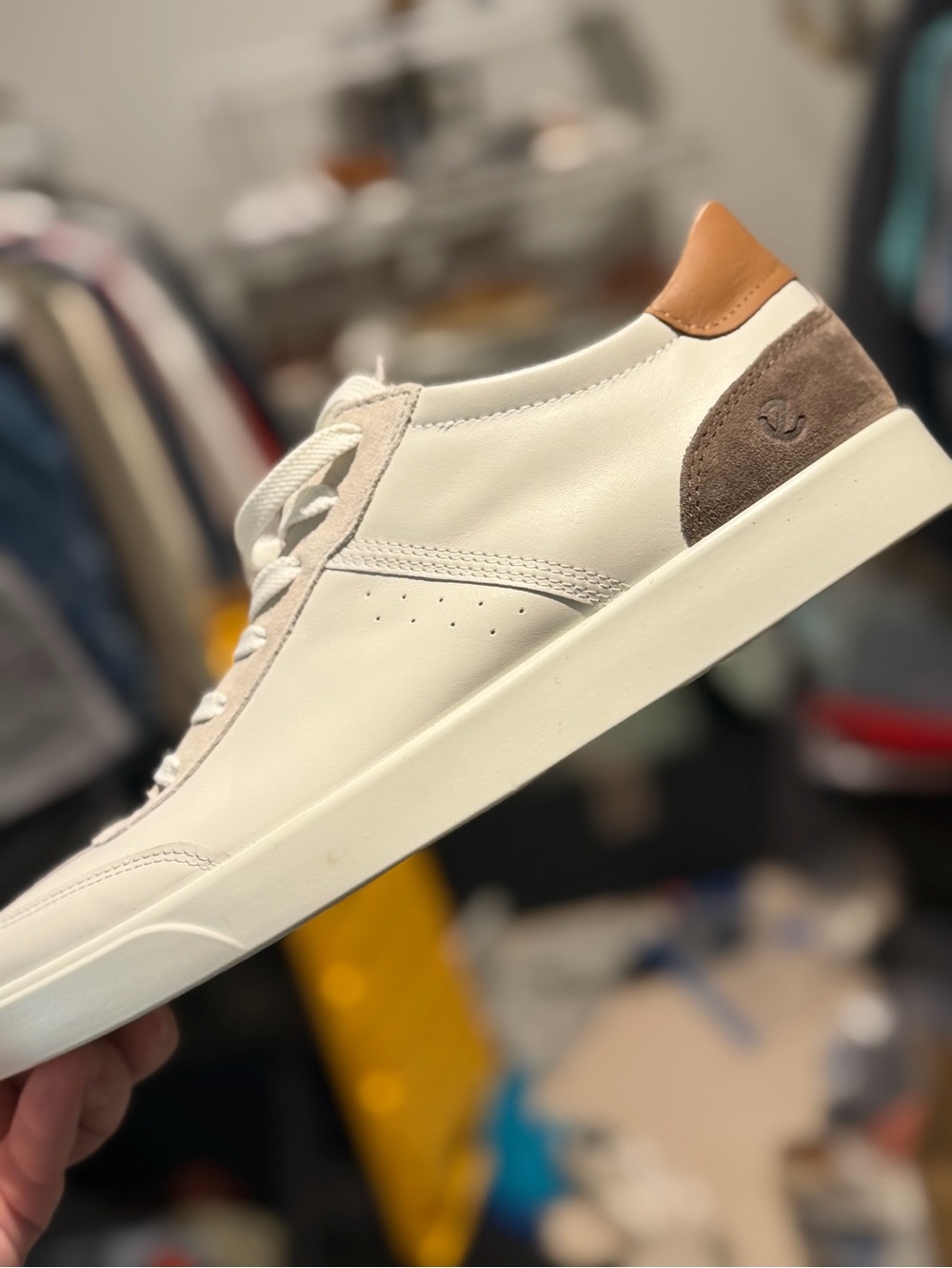 Ecco Men's White Leather Sneakers with Tan Heel Tab and Brown Suede Accent